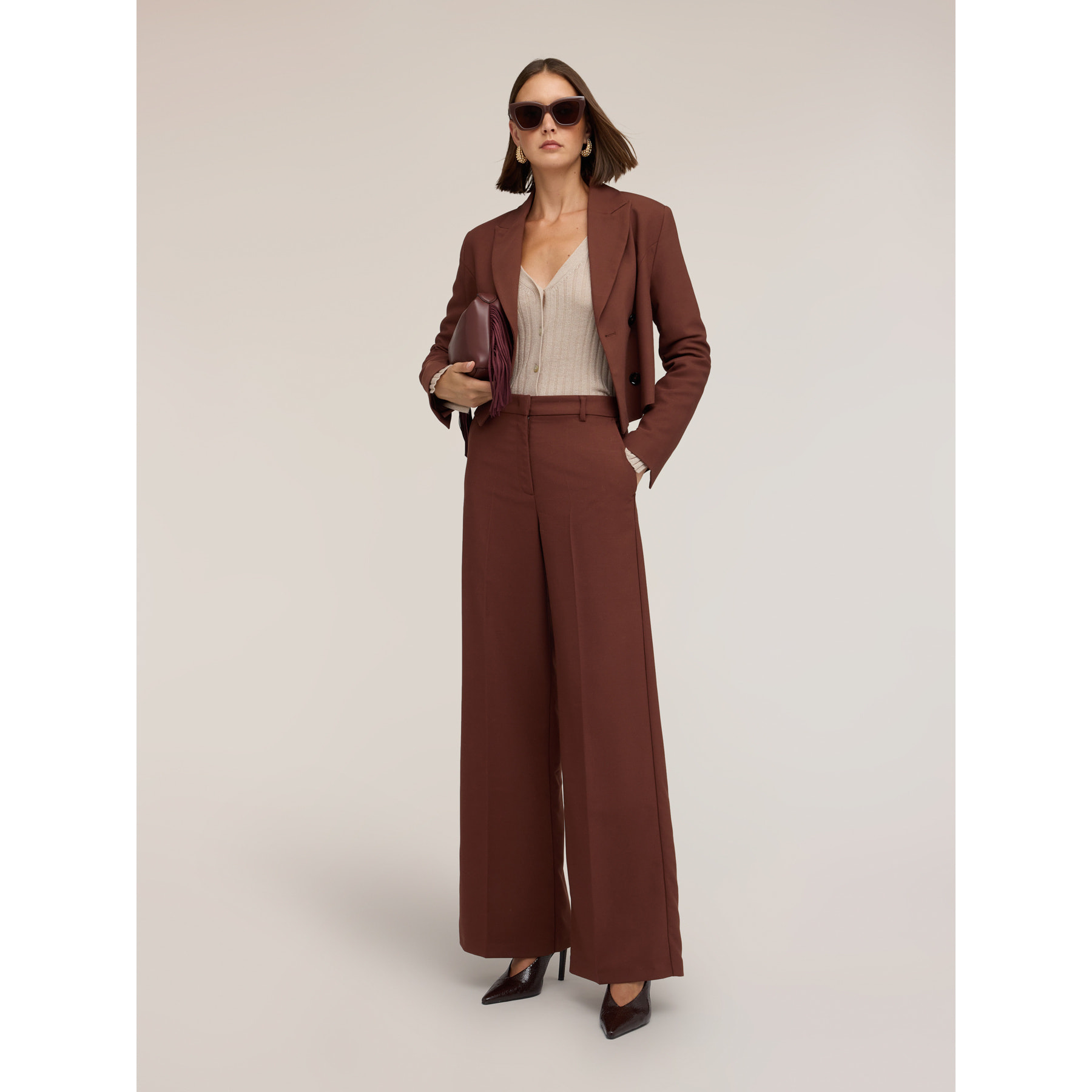 Motivi - Pantaloni palazzo a vita alta con piega stirata - Marrone