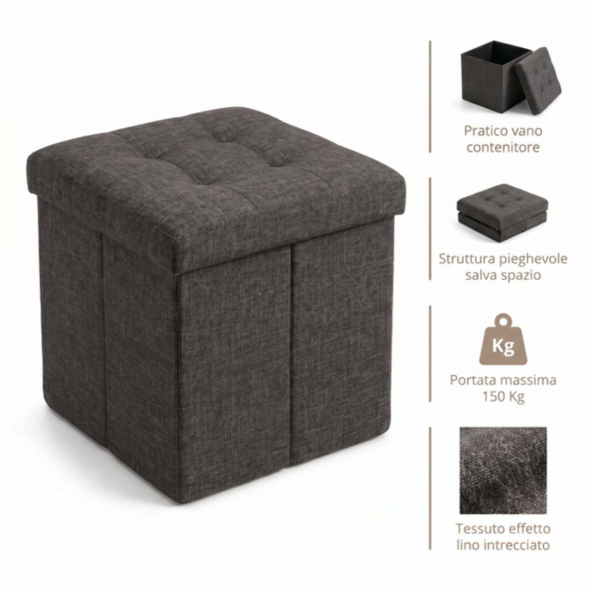 Pouf contenitore pieghevole 38x38x38 cm, cubo salvaspazio con vano interno, seduta imbottita resistente fino a 150 kg, design effetto lino elegante, ideale per soggiorno camera ingresso ufficio e cameretta