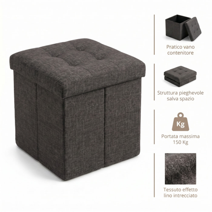 Pouf contenitore pieghevole 38x38x38 cm, cubo salvaspazio con vano interno, seduta imbottita resistente fino a 150 kg, design effetto lino elegante, ideale per soggiorno camera ingresso ufficio e cameretta