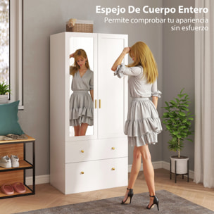 Armario Dormitorio 2 Puertas y 2 Cajones, Armario Ropero con Espejo, Barra para Colgar, Estilo Moderno, 80x50x180 cm, Blanco