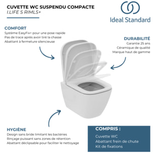WC suspendu compact sans bride I.Life S RimLS+ avec abattant frein de chute