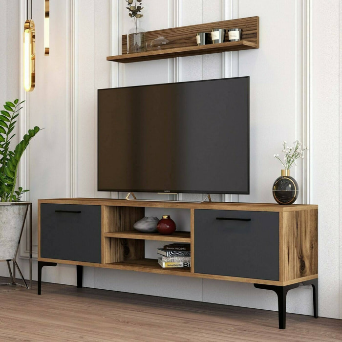 Mobile porta TV sri, Credenza da soggiorno, Armadio basso per TV, Base parete attrezzata, 140x30h48 cm, Noce e Antracite