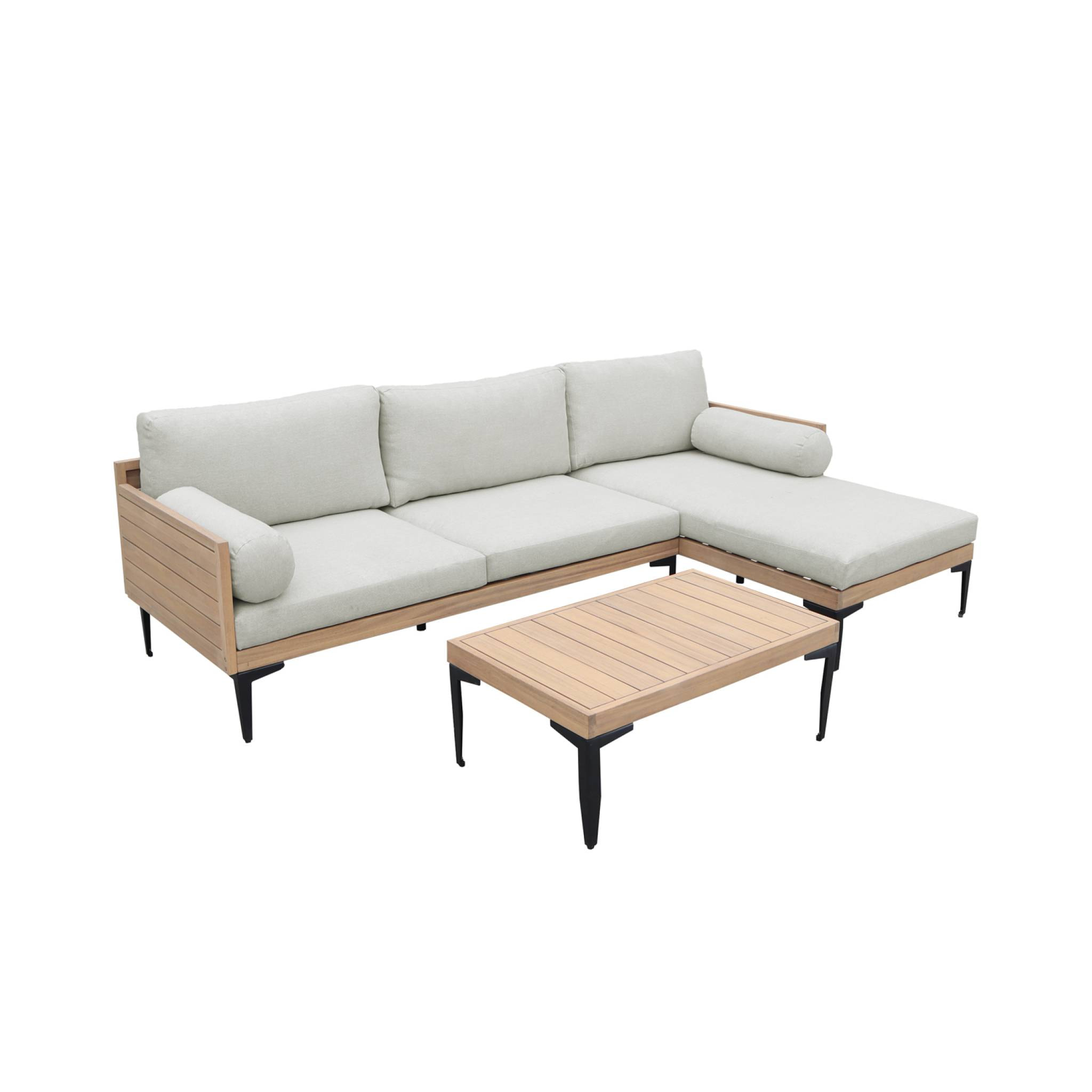 Salon de jardin 3 places JALISCO en bois d'acacia et aluminium. coussins beiges en polyester