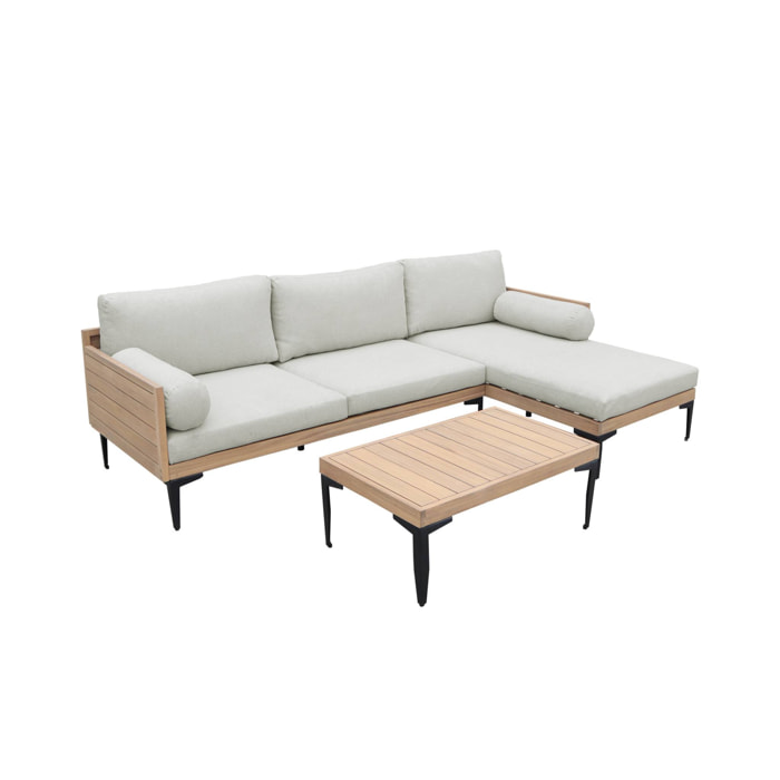 Salon de jardin 3 places JALISCO en bois d'acacia et aluminium. coussins beiges en polyester