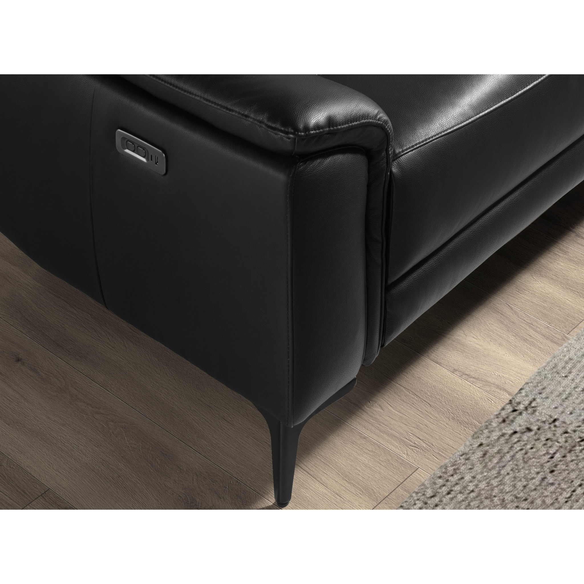 Sofá chaise longue relax derecha de 5 plazas tapizado en piel de vacuno en negro con reposacabezas patas de acero inoxidable en negro mate 272x168x96cm