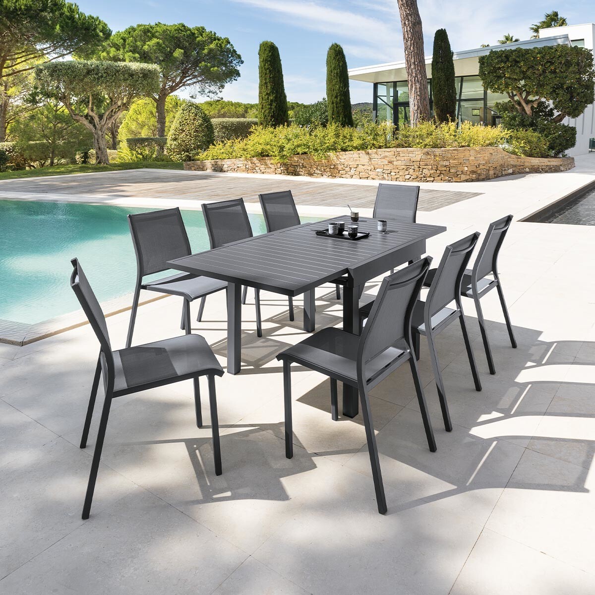 Table de jardin extensible "Piazza" graphite 8 places en aluminium traité époxy