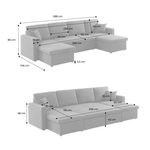 Canapé panoramique convertible 4 places tissu avec coffre URBAN