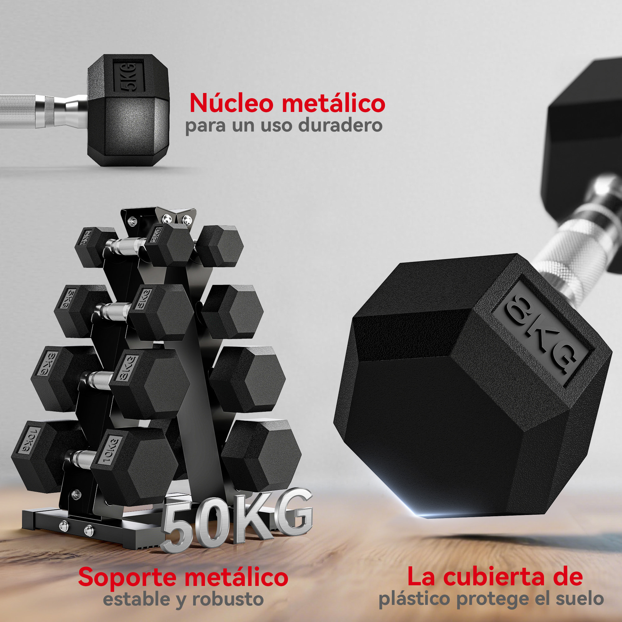 Juego de Mancuernas de 8 Piezas 50 kg, Mancuernas Hexagonales 2x2kg, 2x5kg, 2x8kg, 2x10kg, con Soporte de Almacenamiento y Mango Antideslizante para Entrenamiento en Casa Gimnasio, Negro