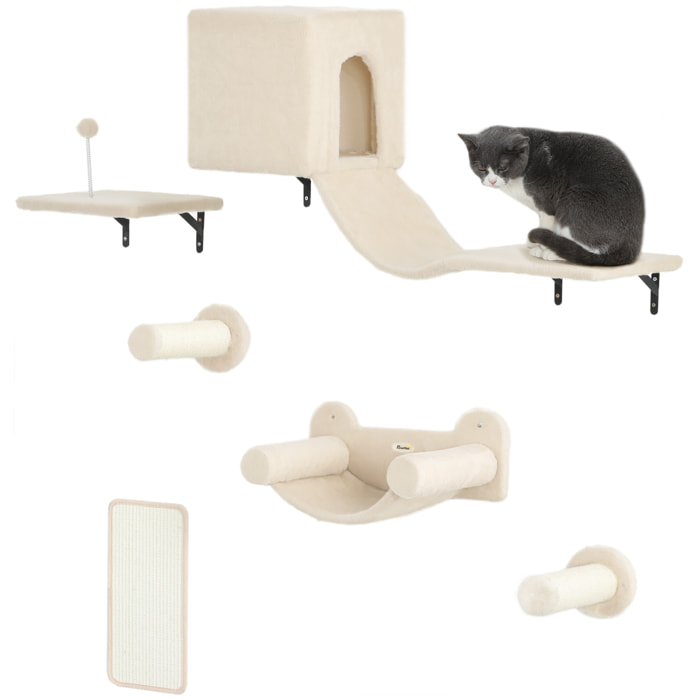 Juego de Pared de Escalada para Gatos de 6 Piezas Estanterías para Gatos con Condominio Plataforma Hamaca Escaleras Percha Tabla Rascador Poste de Sisal Bola de Juguete Beige