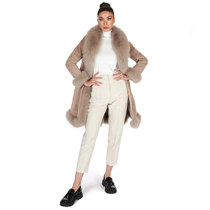 Cappotto in montone scamosciato beige con collo in volpe