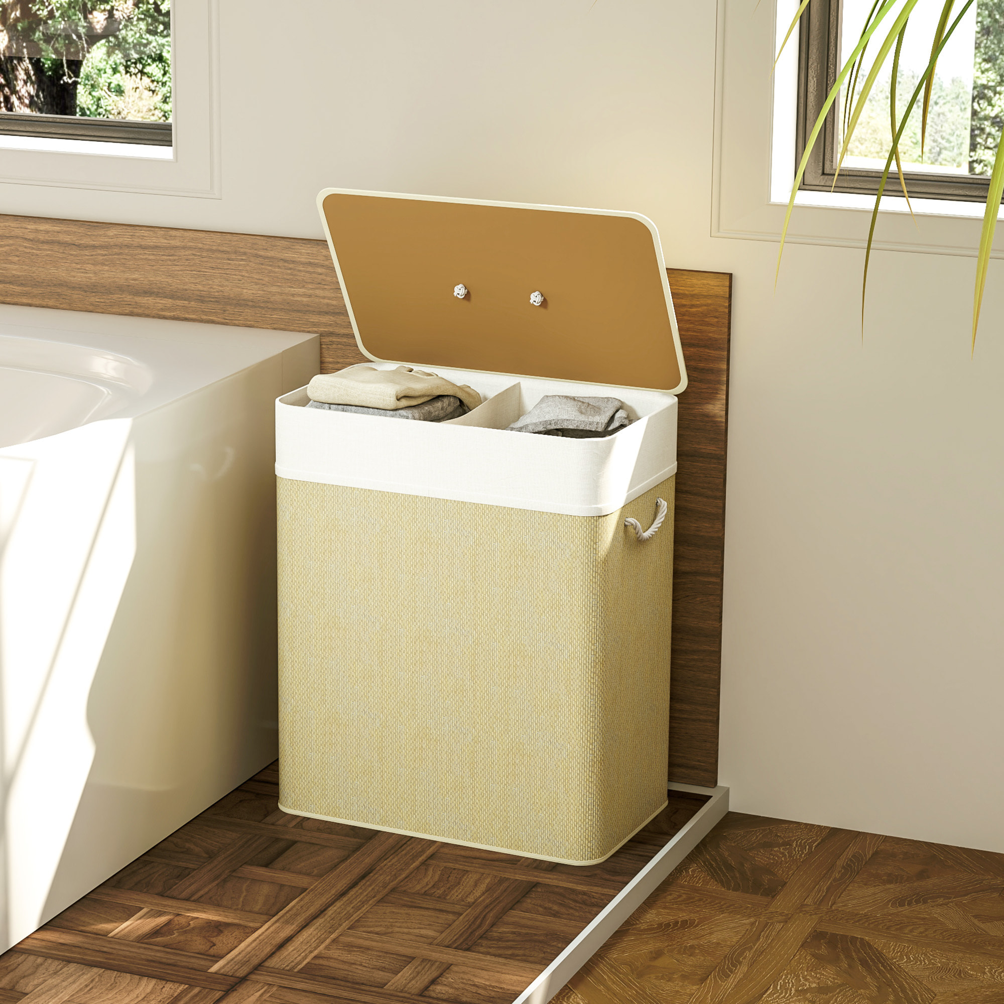 Panier à linge double 100L - corbeille à linge avec couvercle et poignées - tissage bambou écru