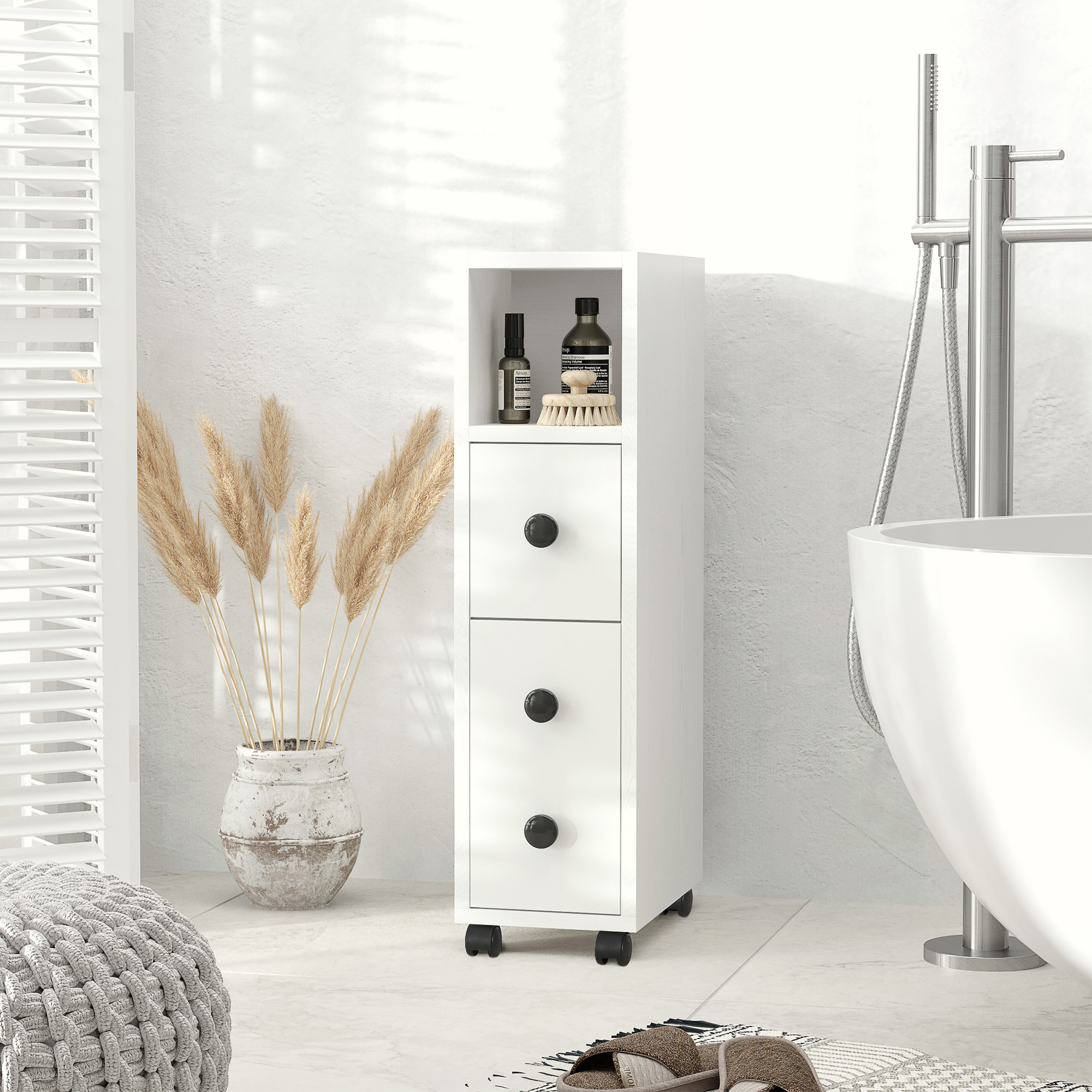 kleankin Armario de Baño Mueble Auxiliar para Baño Espacio Reducido con Ruedas Estantes Abiertos Armario Cajón 18x30x68,5 cm Blanco