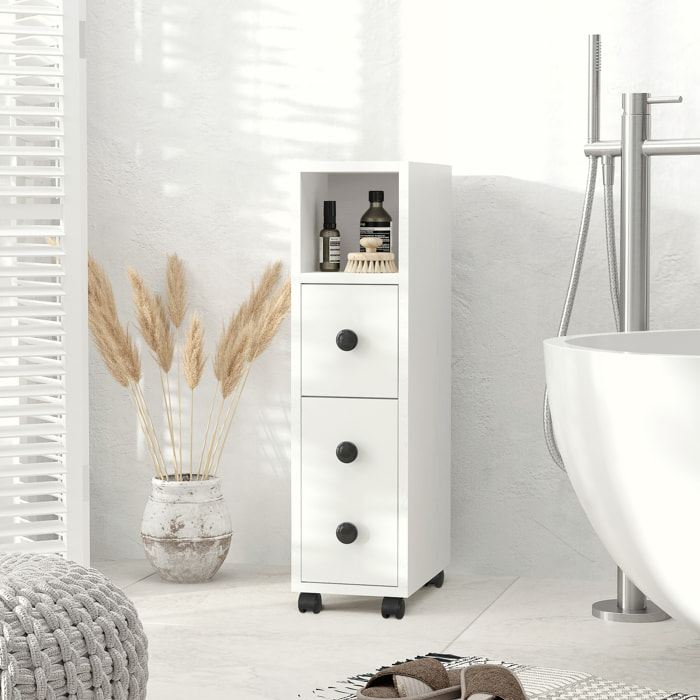 kleankin Armario de Baño Mueble Auxiliar para Baño Espacio Reducido con Ruedas Estantes Abiertos Armario Cajón 18x30x68,5 cm Blanco