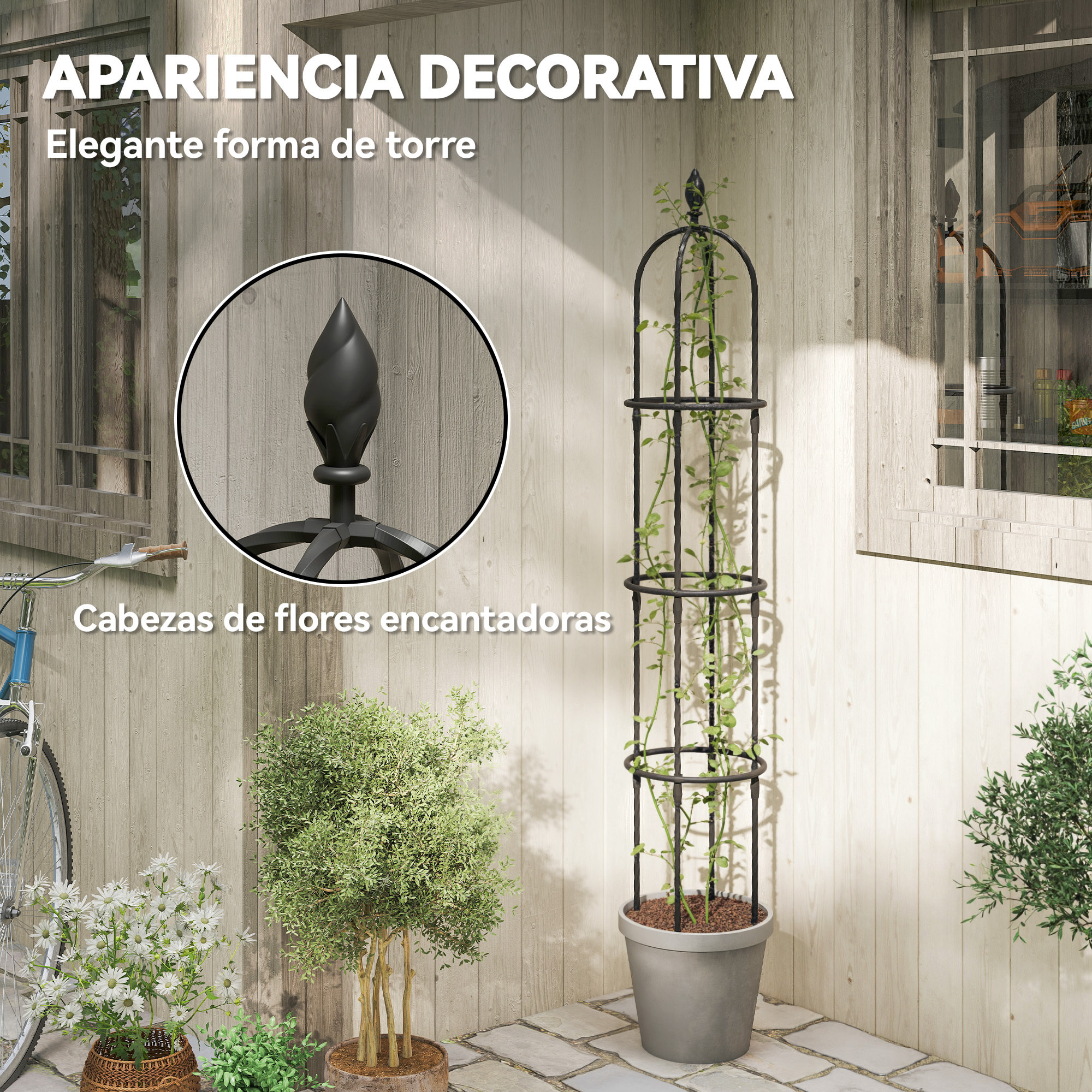 Juego de 2 Obeliscos de Jardín de Acero, 1,74 m, Enrejados para Plantas Trepadoras, Rosas, Frutas, Verduras, Soportes Decorativos para Exterior, Patio, Terraza, Negro