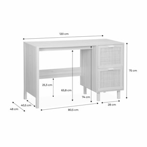 Bureau décor bois et cannage - Camargue - 120cm. 2 tiroirs