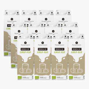 PLANETA HUERTO | Pack 12x Bebida de Coco Eco 1L Vegetal Natural, Sin Lactosa, Ecológica - Bebida Coco Sin Azúcar Añadido, Con Coco de Cultivo Orgánico