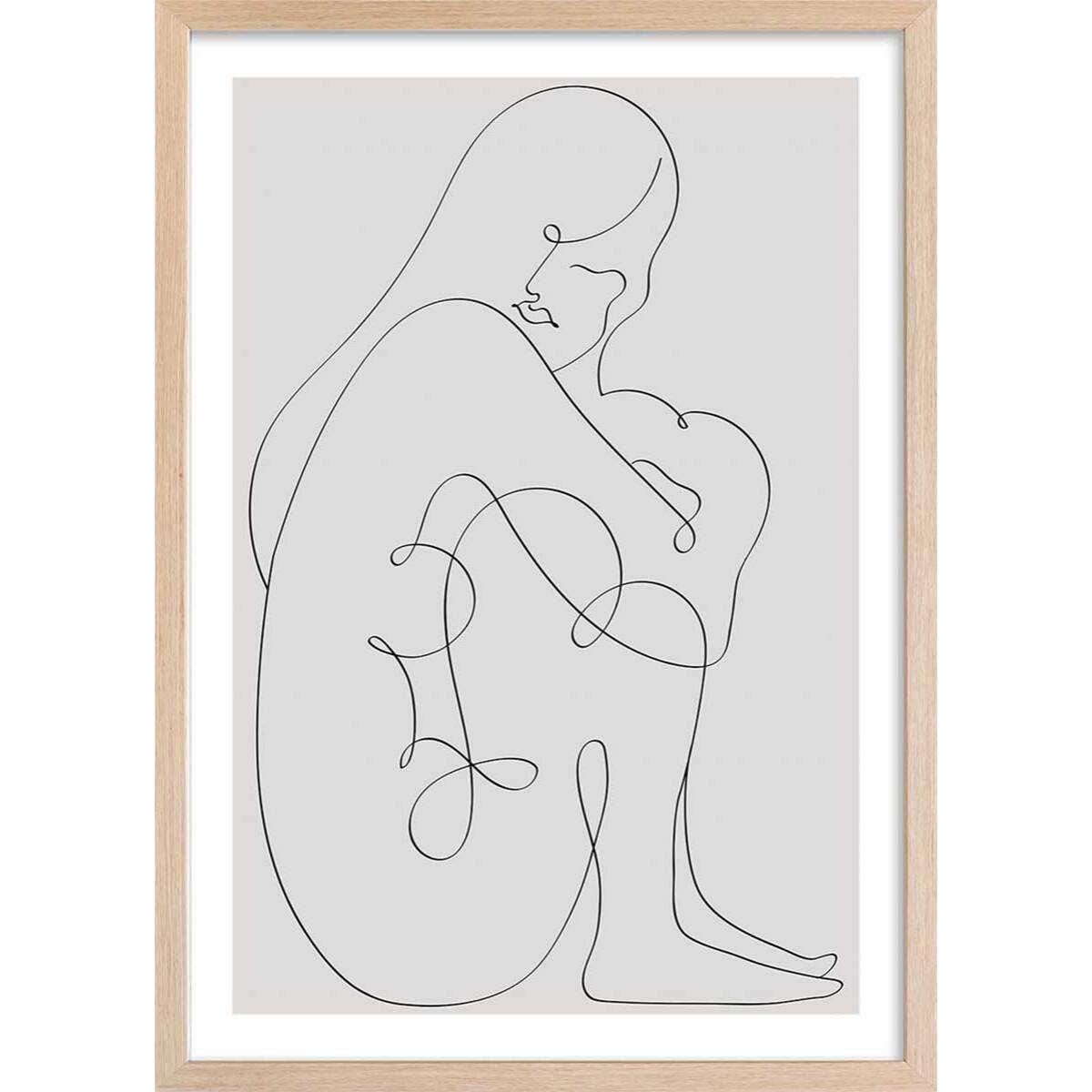 Affiche Pudeur line art Affiche + cadre en bois - Chêne
