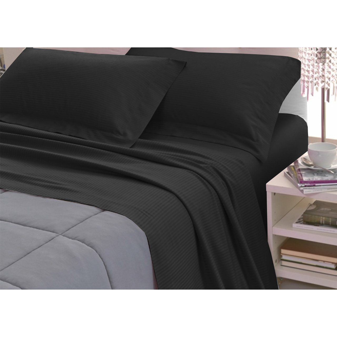 Completo Lenzuola 100% Raso Cotone Rigato 5mm Tinta Unita Nero