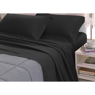 Completo Lenzuola 100% Raso Cotone Rigato 5mm Tinta Unita Nero