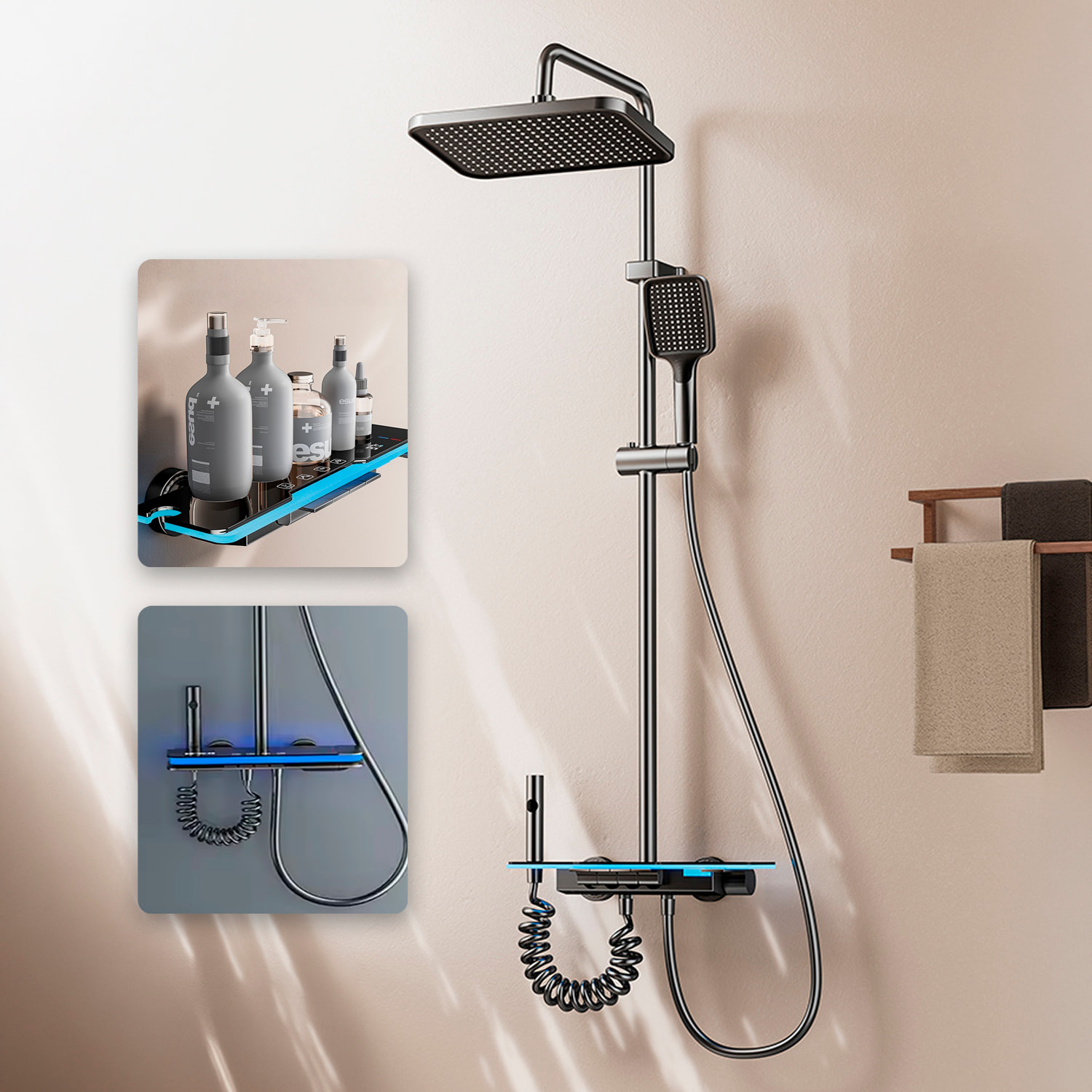 Juego de ducha completo 8806 montado en pared. Con pantalla digital y múltiples modos de agua, con mezclador, iluminación ambiental y control preciso.