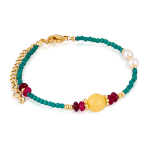 Pulsera de ojo de gato, lapislázuli, ámbar y perlas naturales con cierre de mosquetón.