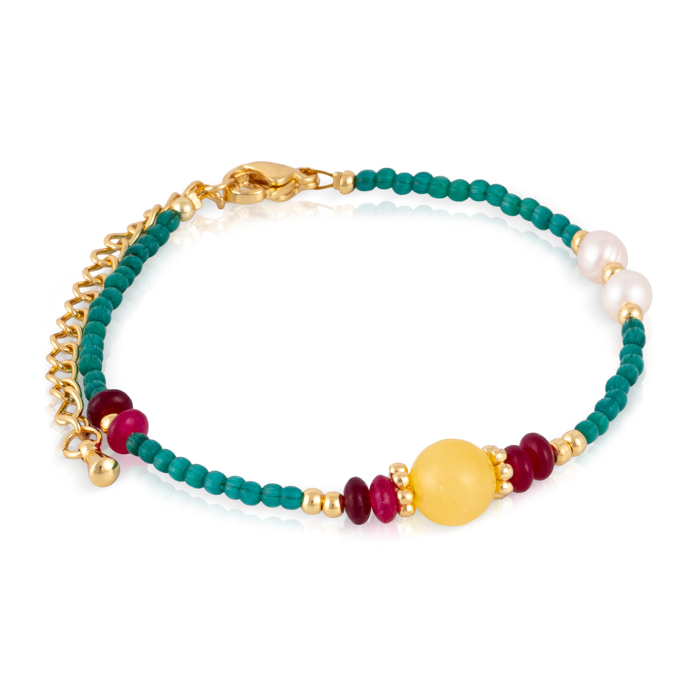 Pulsera de ojo de gato, lapislázuli, ámbar y perlas naturales con cierre de mosquetón.