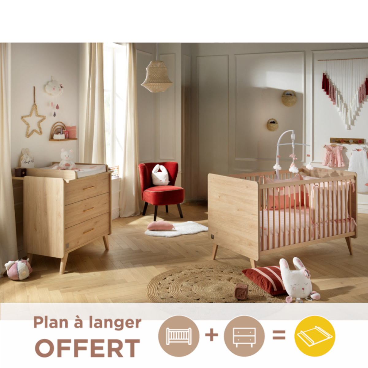Chambre bébé évolutive Arty, Lit 140x70 et Commode à langer - Chêne suave