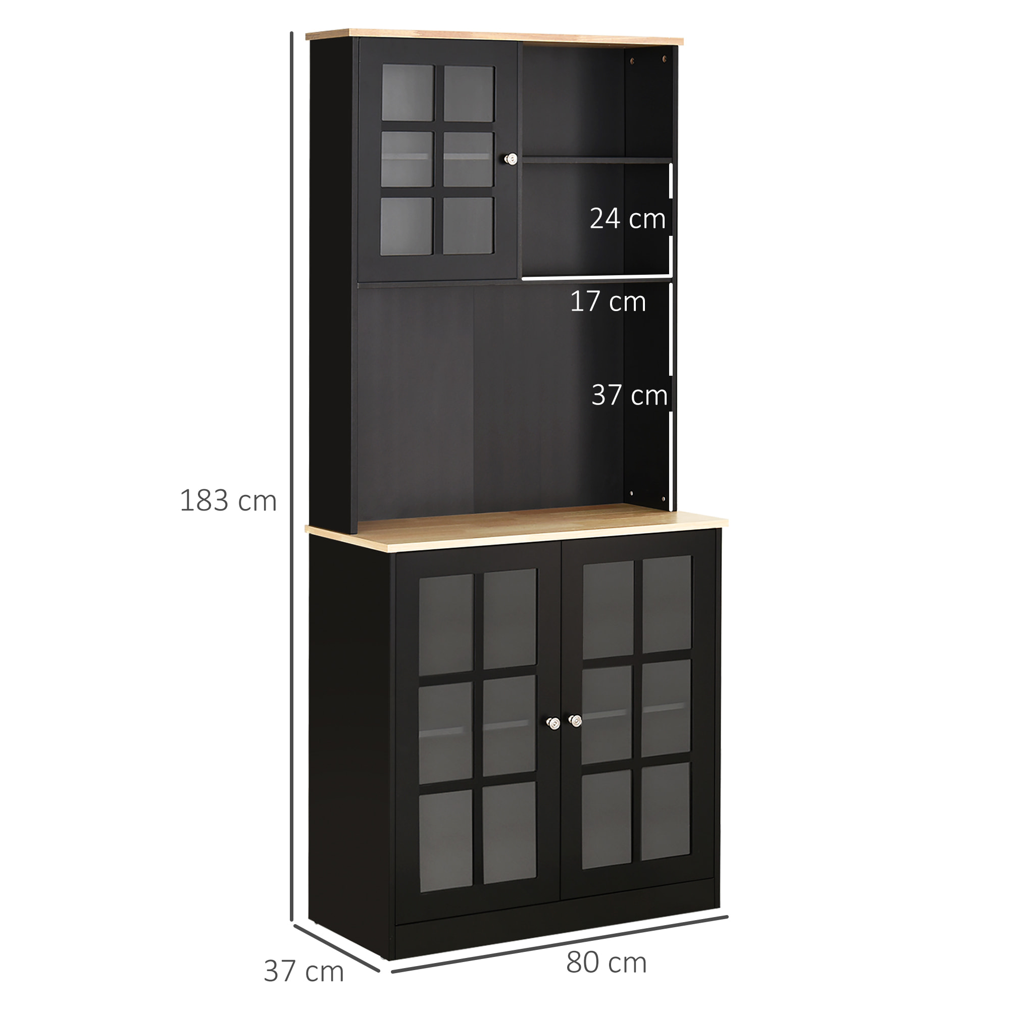 Armoire de cuisine multi-rangements 3 portes vitrine verre avec étagère 2 niches grand plateau MDF noir chêne