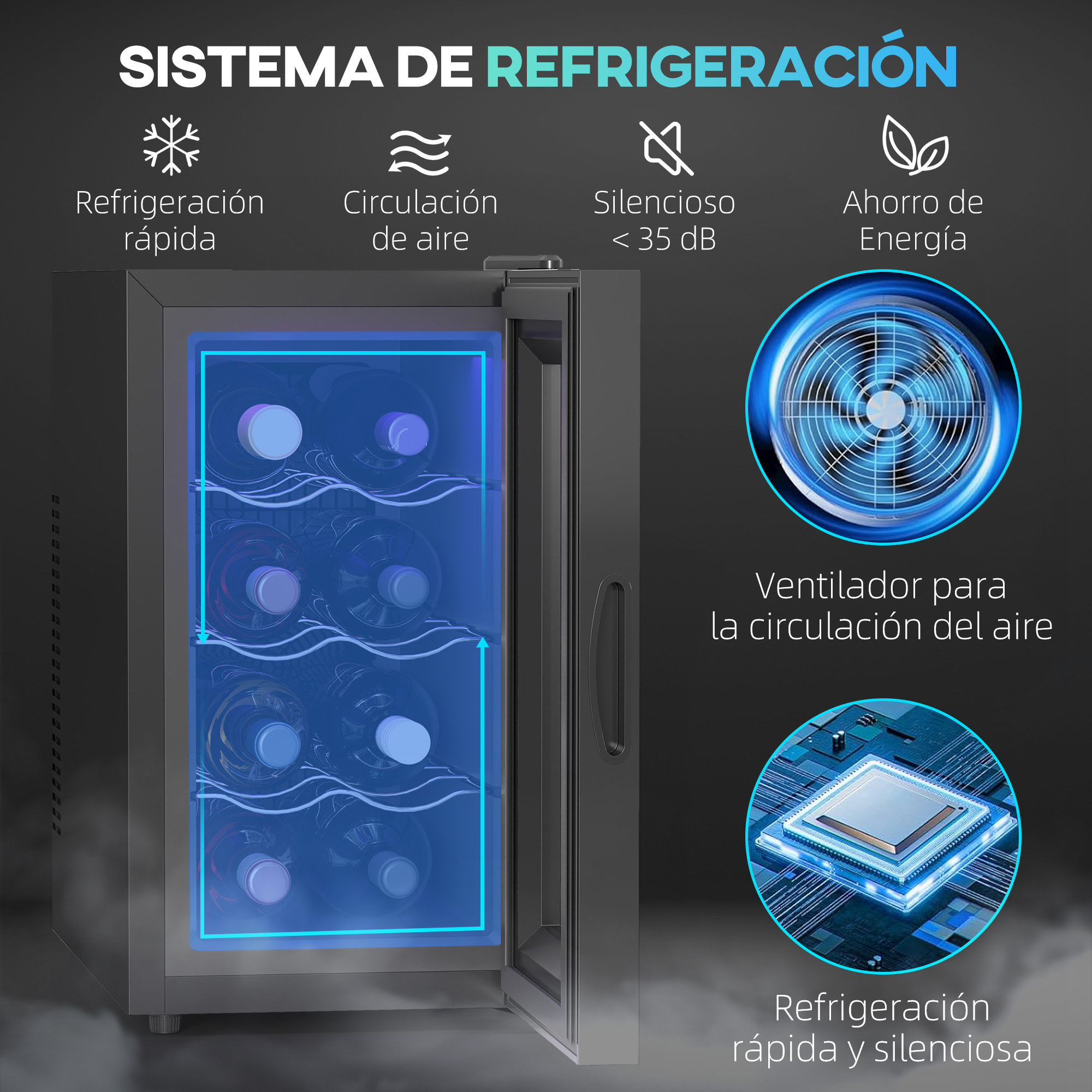 Vinoteca 8 Botellas, Nevera para Vinos con Doble Refrigeración Termoeléctrica, Temperatura Ajustable 8-18℃, Puerta de Vidrio, Anti-UV, Pantalla LED Táctil, Luz Interior, Negro