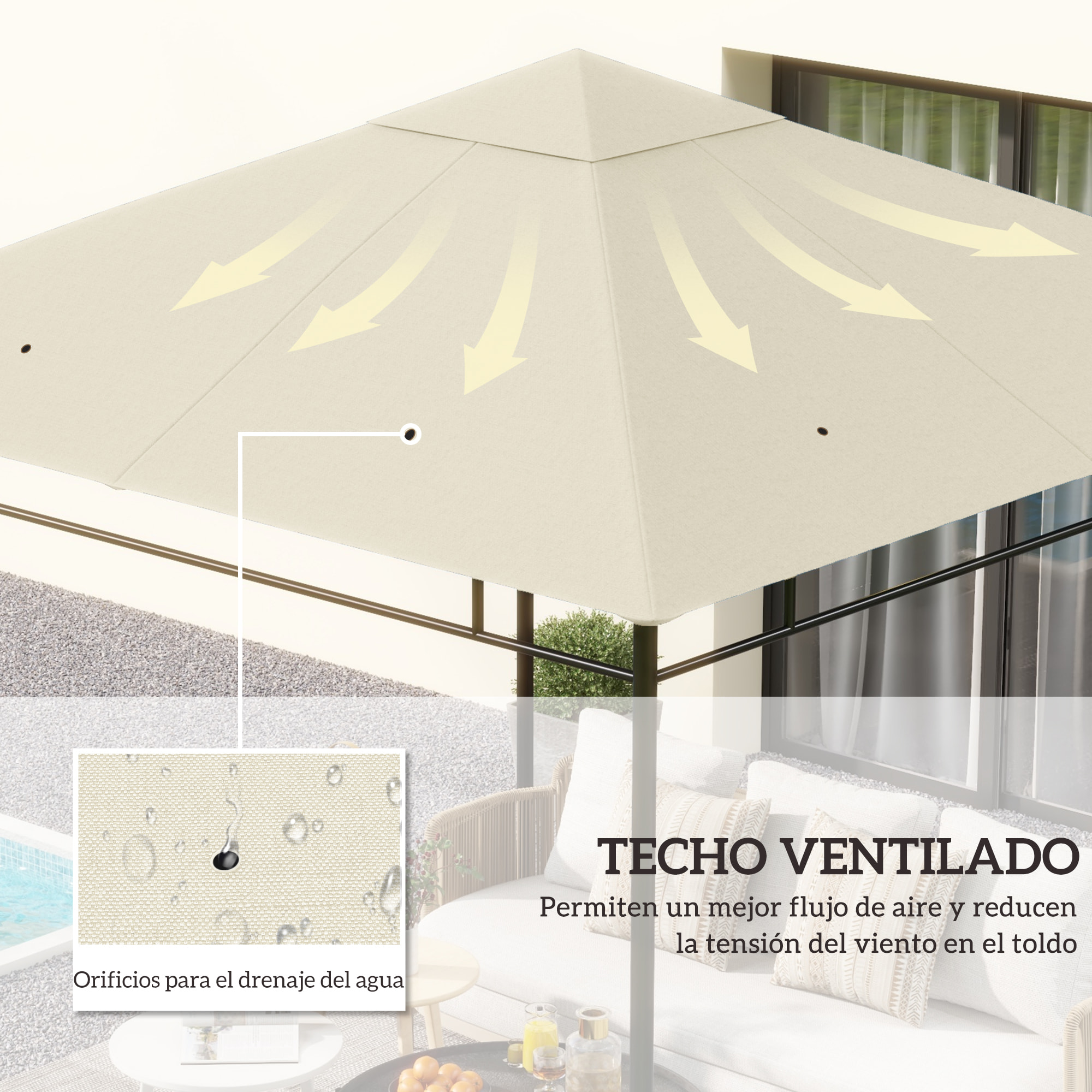 Techo de Repuesto para Cenador, 3x3 m, Cubierta de Repuesto con 8 Orificios de Drenaje, Ventilación y Protección UV, SOLO Toldo de Recambio para Pabellón Gazebo, Blanco Crema