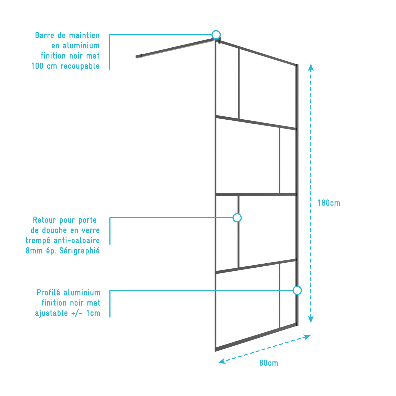 Paroi de Retour 80x180cm Sérigraphie Briques - Verre Anticalcaire 8mm - DARK BLOCS