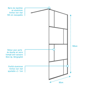 Paroi de Retour 80x180cm Sérigraphie Briques - Verre Anticalcaire 8mm - DARK BLOCS