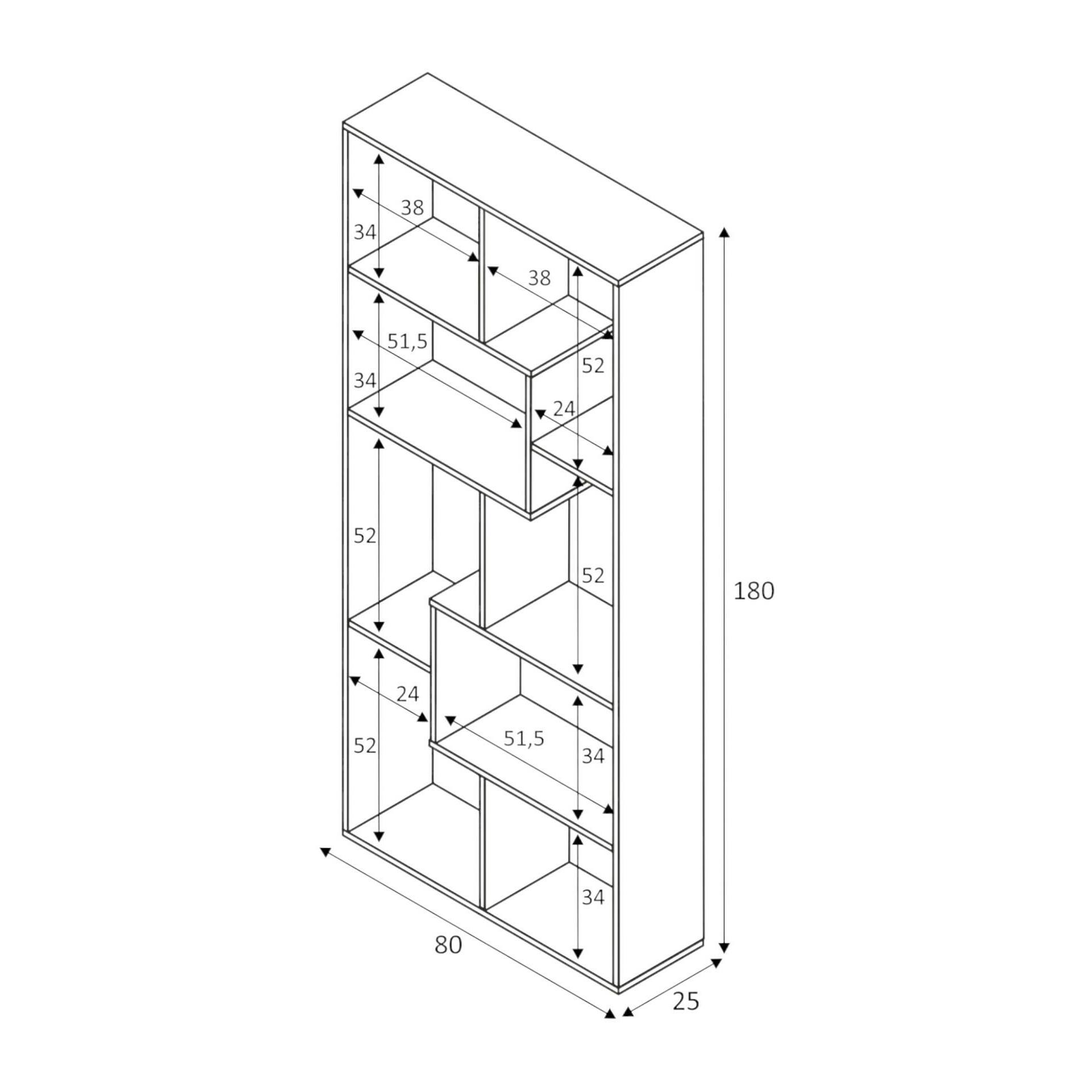 Libreria Fremont, Mobile portalibri multiposizione con 8 scomparti, Scaffale da ufficio, Scaffale divisorio per camera, cm 80x25h180, Bianco e Ossido