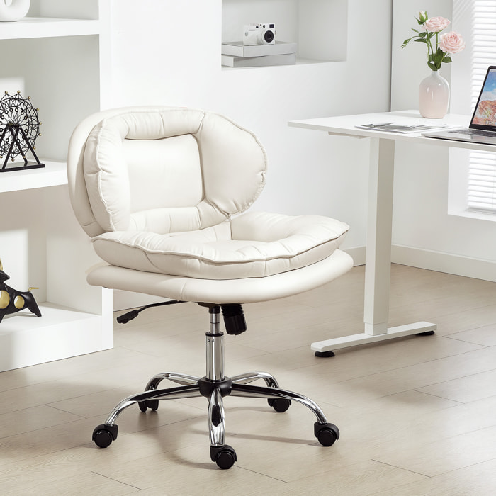 Silla de Oficina Piernas Cruzadas, Silla de Escritorio sin Brazos con Asiento Ancho, Ruedas, Altura Ajustable, Doble Acolchado, Giratoria, Función Basculante, Tapizada en PU, Gris Claro