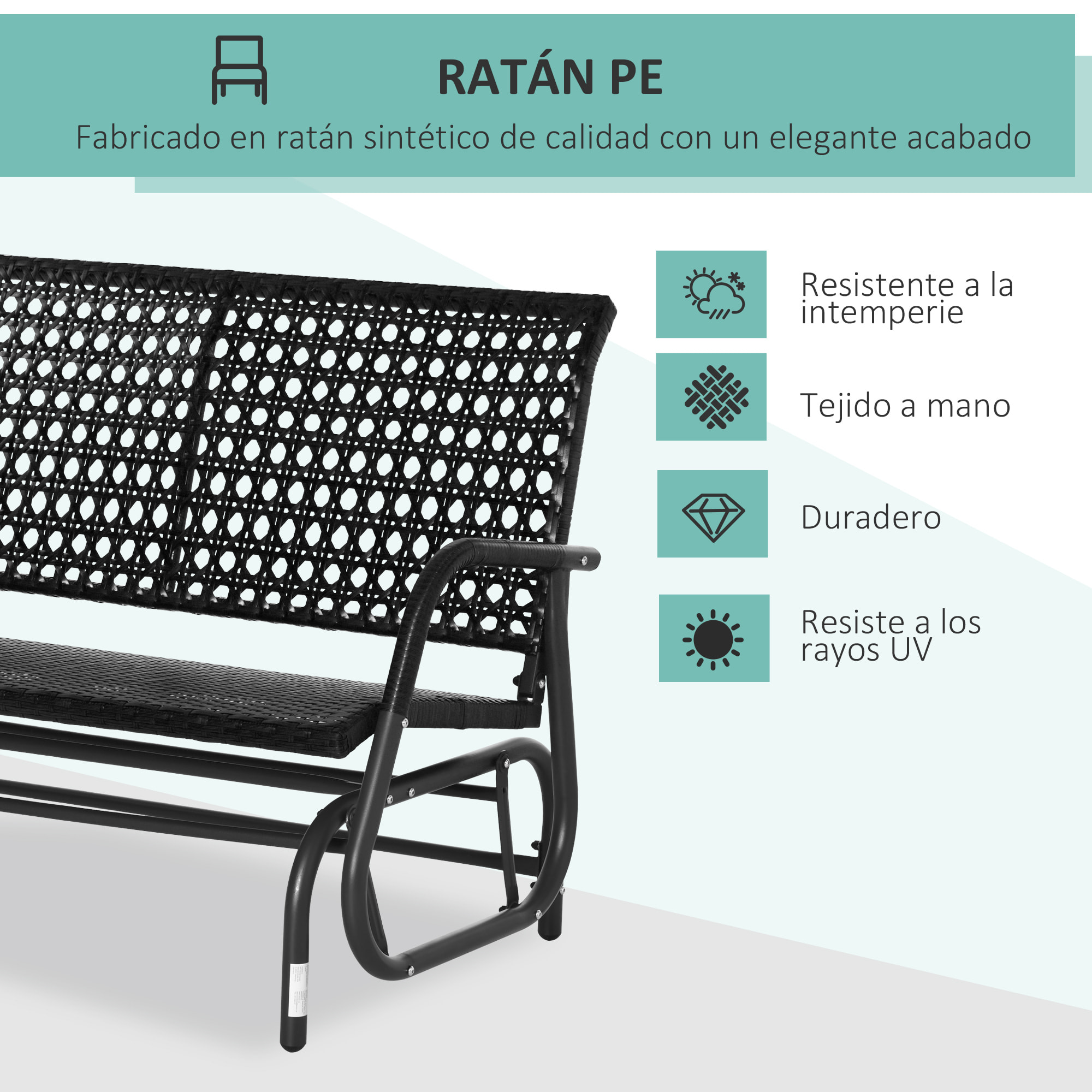 Outsunny Banco Balancín de Ratán de 2 Plazas Mecedora de Jardín con Balanceo Ergonómico y Marco de Metal para Terraza Balcón Exterior Carga 220 kg 70x120x84 cm Negro