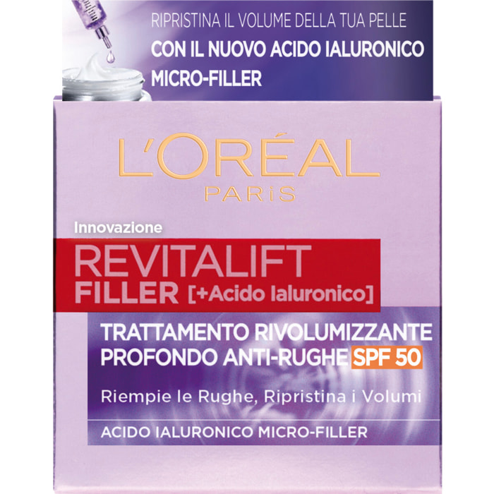 Crema Viso Anti-Rughe SPF 50 Trattamento Rivolumizzante Profondo Revitalift Filler con Acido Ialuronico - Barattolo da 50ml