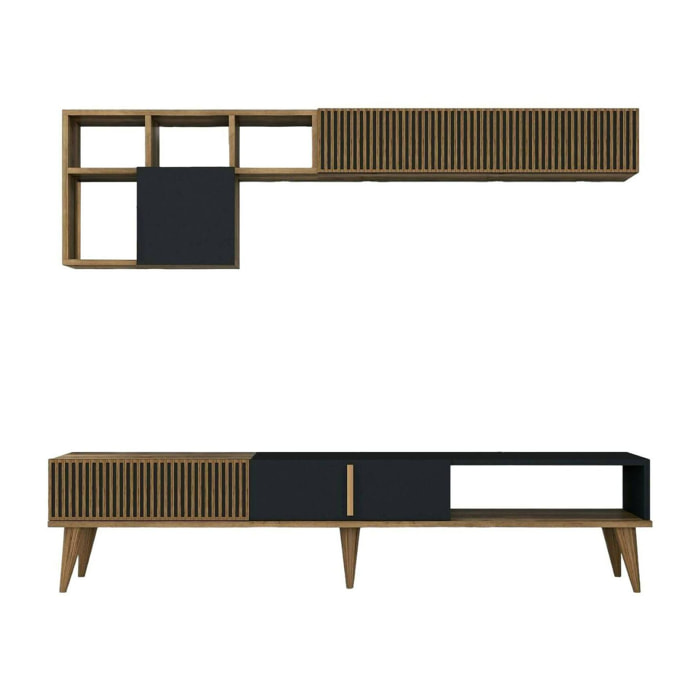 Parete attrezzata Ostro, Composizione soggiorno, Mobile salotto multiuso, Armadio porta TV, 180x35h40 cm, Noce e Antracite
