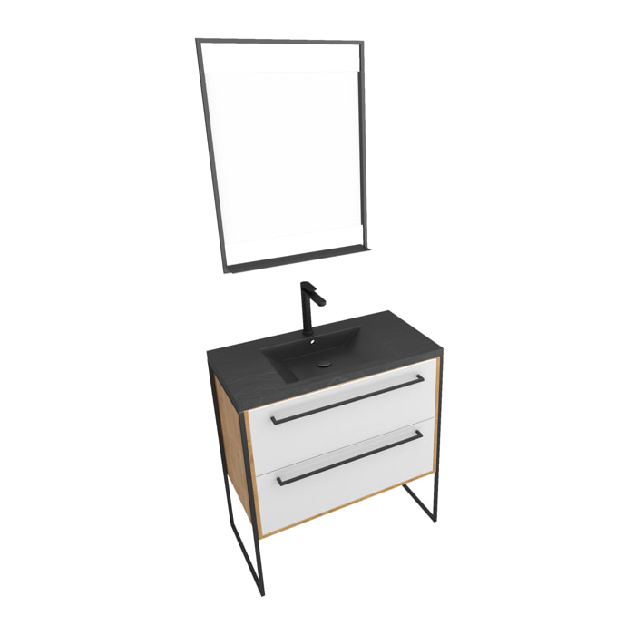 Meuble de salle de bain 80x50cm - vasque noir effet pierre 80x50cm - 2 tiroirs - miroir led