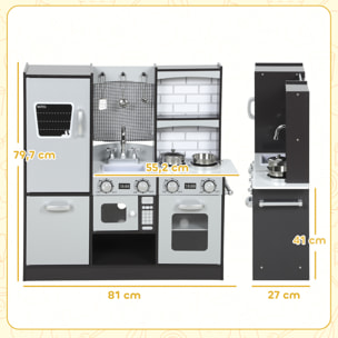 Cocina de Juguete de Madera con Sonido, Cocinita Infantil con Accesorios de Acero Inoxidable, Nevera, Microondas, Fregadero, Juguetes para Niños a Partir de 3 Años, Marrón Oscuro