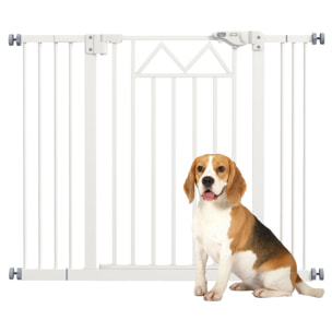 Barrera de Seguridad para Perros Extensible 74-100 cm, para Puertas y Escaleras, Barrera para Perros con Cierre Automático, Doble Bloqueo, Montaje a Presión y 2 Extensiones 7/14cm, Blanco