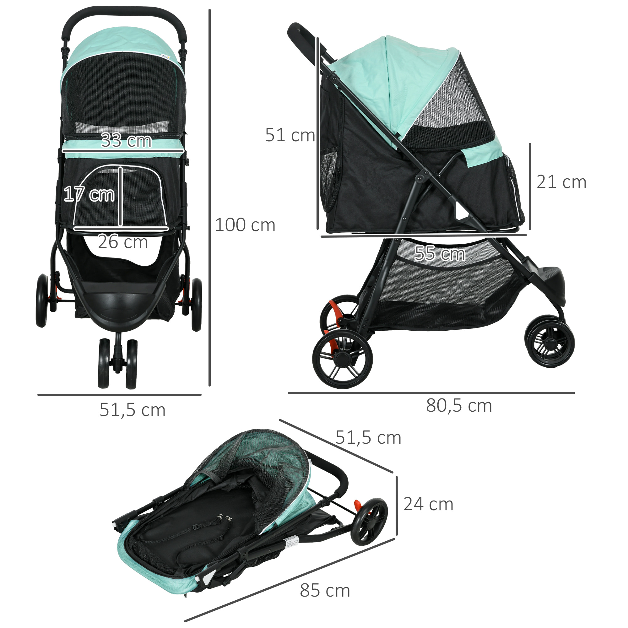 Carrito para Perros Plegable Cochecito para Mascotas Carrito para Perros Pequeños con Cesta de Almacenaje Ventana de Malla Cubierta para Lluvia y 2 Ruedas Universales 80,5x51,5x100 cm Verde