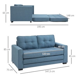 Canapé convertible 2 places design contemporain assise dossier capitonnés polyester aspect lin bleu