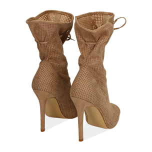 Ankle boots beige in microfibra traforata, tacco 11 cm