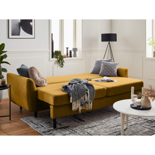 Nils - Canapé droit 3 places convertible - avec coffre de rangement - Velours - Jaune