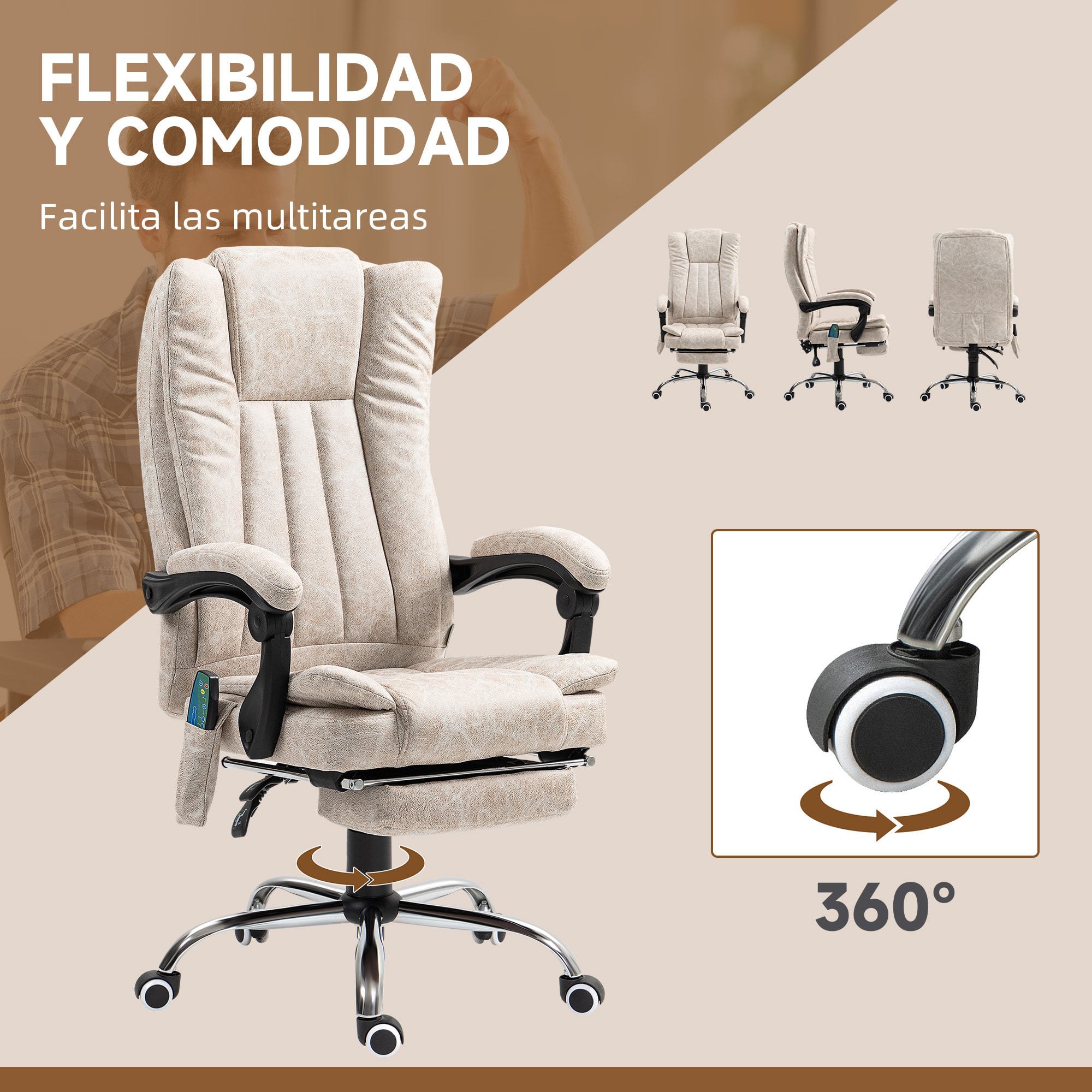 Silla de Masaje con 6 Puntos de Masaje Silla de Oficina Giratoria Silla de Escritorio Reclinable con Altura Ajustable Función de Calefacción Reposapiés Retráctil y Control Remoto Crema