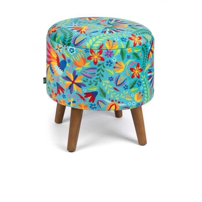 Pouf contenitore in velluto e legno Excelsa Mexican Flowers 38x38x45 cm multicolore