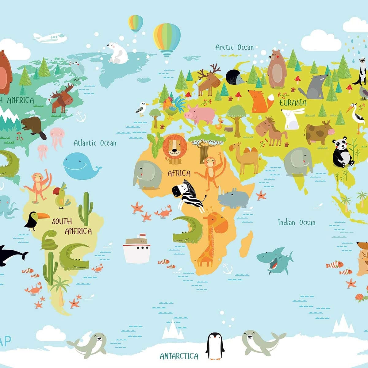 Affiche world map animals Affiche + cadre en bois - Noir