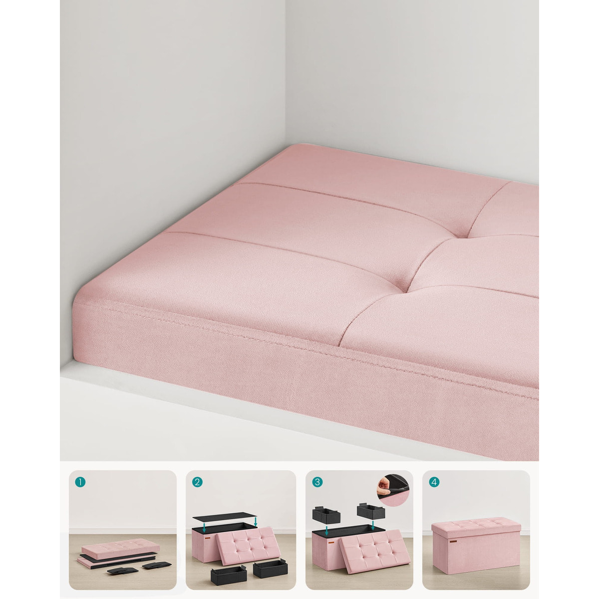 Panca contenitore pieghevole in velluto rosa pastello