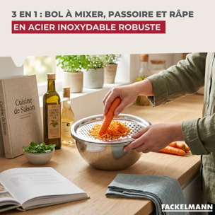 Set 3 en 1 Bol à Mixer, Râpe et Passoire 26 cm Fackelmann