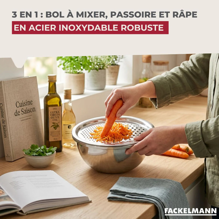 Set 3 en 1 Bol à Mixer, Râpe et Passoire 26 cm Fackelmann